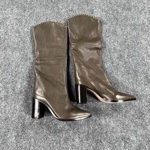 Schutz Boots Womens 6.5 Brown Chain Trim Leather Block Heel Mid Calf